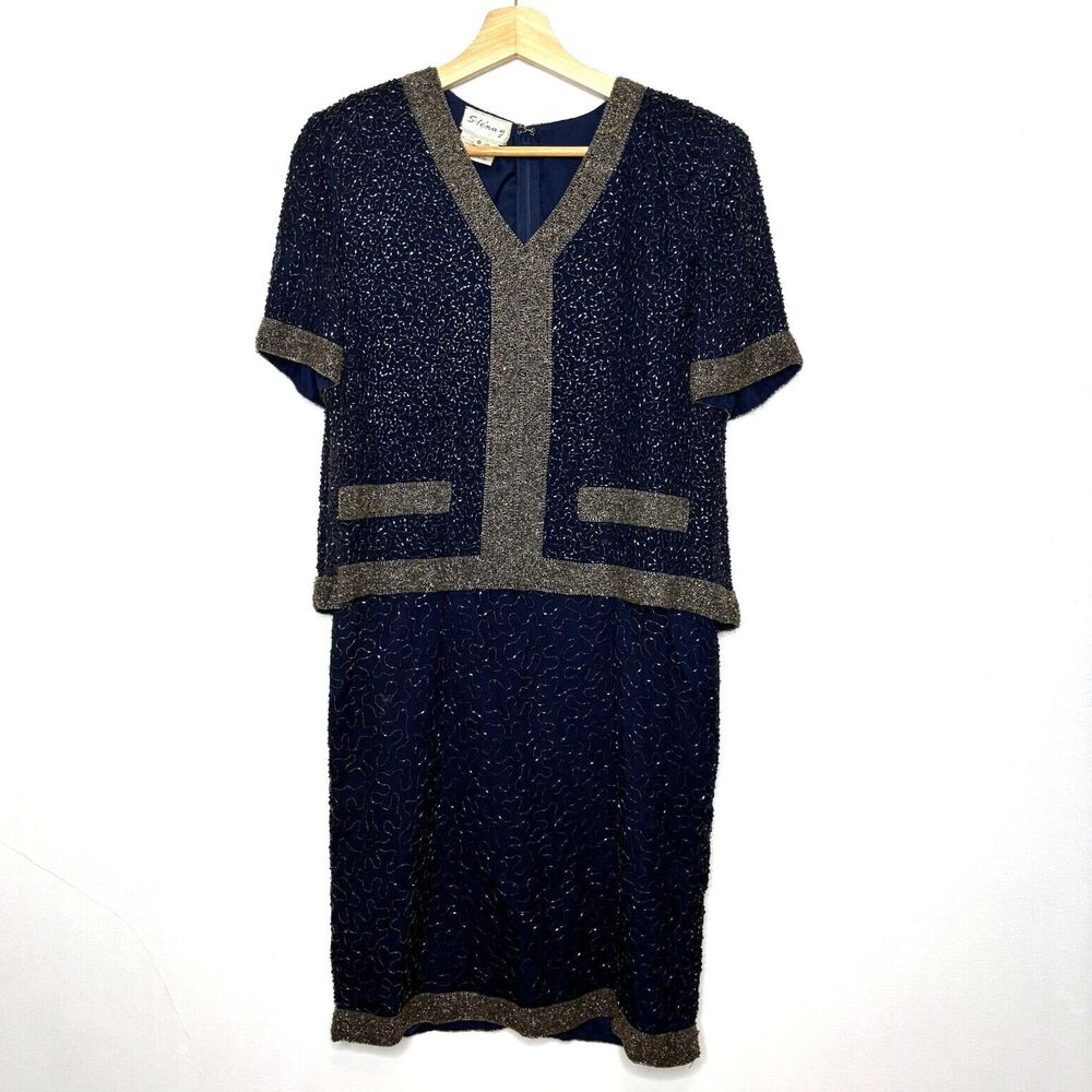 Vintage Stenay 100% Silk Beaded Short Sleeve V neck Blue Dress Size 8